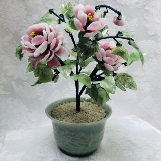 Bonsai Jade Rose Quartz Glass Flowering Tree Asian Vintage Cherry Blossom Japan