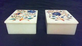 VINTAGE SOAP STONE MARBLE CARVED & INLAID TRINKET BOXES,  MATCHING PAIR, 2