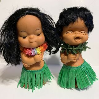Vintage Happy Hawaiian Hula Girl & Boy Doll Eyes Closed Lei Grass Skirt 9.  5 "