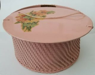 Vintage Princess Round Pink Wicker Sewing Knitting Basket