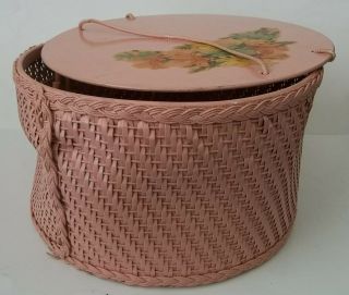 Vintage Princess Round Pink Wicker Sewing Knitting Basket 3