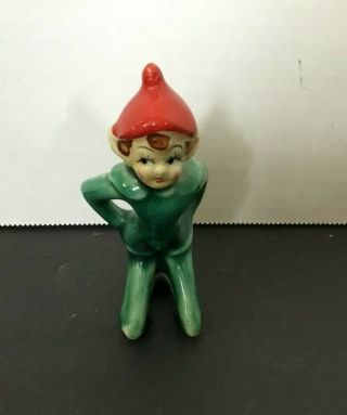 Vintage Ceramic Christmas Green Red Kneeling Pixie Elf Figurine Made In Japan