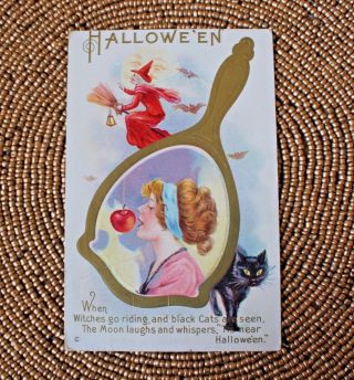 Antique Halloween Postcard Stecher 248e Witch On Broom Black Cat Mirror Embossed
