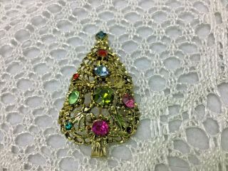 Signed Dodd Vintage Rhinestone Sparkly Christmas Tree Colorful Brooch Pin