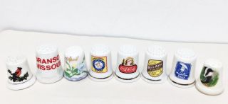 8 Vintage Porcelain Thimbles Coca Cola Morton Salt Bon Ami Osmond Family Bird,