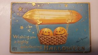 Vintage Ellen Clapsaddle Halloween Postcard 2 Pumpkins In A Zepplin Like Air Bal