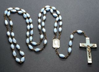 † 1950s Antique Immaculate Blue Glass Beads Rosary - Lourdes Pilgrimage †