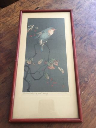 Vtg Antique Japanese Wood Block Lovebirds & Red Berry Artist Signed