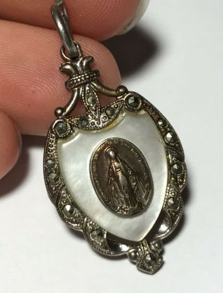 Vtg Sterling Silver Religious Virgin Mary Moth Of Pearl Necklace Medallion Charm
