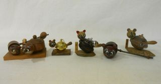 Set Of 5 Japanese Vintage Wooden Kokeshi Doll / Japanese Raccoon Tea Pot