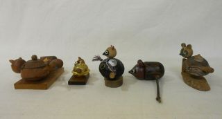 Set of 5 Japanese Vintage Wooden Kokeshi Doll / Japanese Raccoon Tea Pot 2