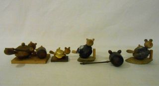 Set of 5 Japanese Vintage Wooden Kokeshi Doll / Japanese Raccoon Tea Pot 3