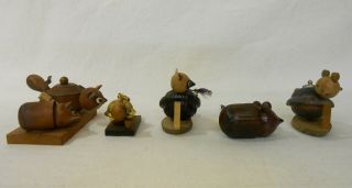 Set of 5 Japanese Vintage Wooden Kokeshi Doll / Japanese Raccoon Tea Pot 4