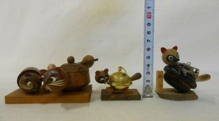 Set of 5 Japanese Vintage Wooden Kokeshi Doll / Japanese Raccoon Tea Pot 5