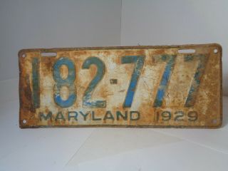 Vintage Antique Maryland License Plate 1929 Metal White With Blue 182 - 777