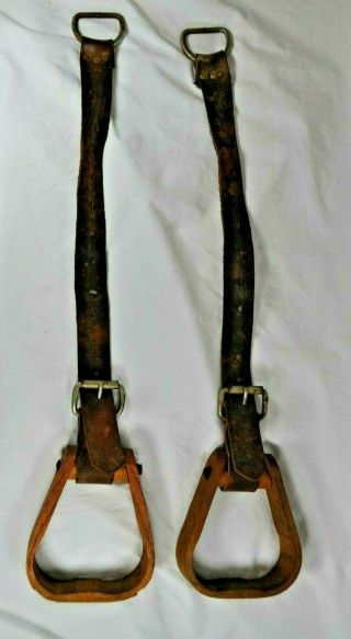 Vintage Pair Horse Stirrups Wood & Leather Rustic Farm Cowboy Western Tack Decor