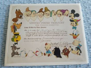 1945 Walt Disney Us Treasury War Bond Certificate World War 2 Wwii