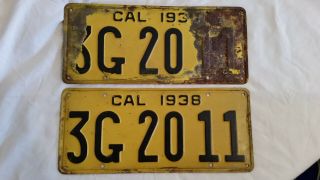 - 1938 California Licence Plates Pair / Set Dmv Clear Yom - Ford Buick Chevy -