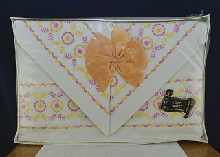 Vintage Pair Pillowcases Trophy Boxed Embroidered 1960s Yellow Pink Bedding