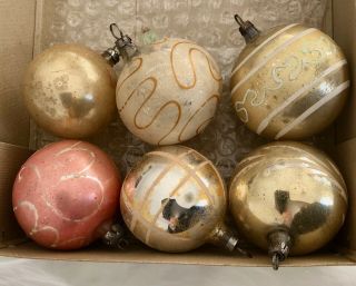 6 Antique Or Vintage Glass Christmas Ornaments - Small Glass Balls Gold Pink Etc
