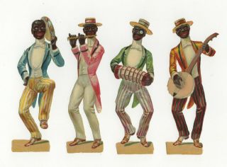 4 Victorian Die Cuts Black Musicians Men American Accordion Banjo R.  Tuck Scraps