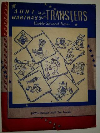 Transfers Pattern Aunt Marthas Vtg Embroidery Needlepoint 9475 Mexican Tea Towel