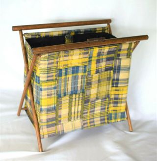 Vintage Fabric Yarn Knitting Crocheting Sewing Basket Caddy Folding Wood Frame