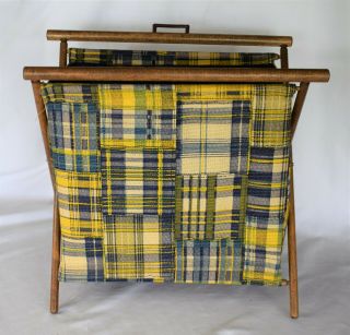 Vintage Fabric Yarn Knitting Crocheting Sewing Basket Caddy Folding Wood Frame 4