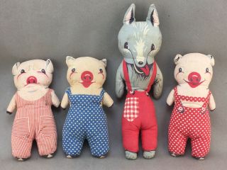Vintage Homemade Three Little Pigs & Big Bad Wolf Stuffed Toys
