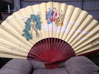 Vintage Wall Fan Hand Painted Three Wise Men And Cranes.  40 " High Red Stamped
