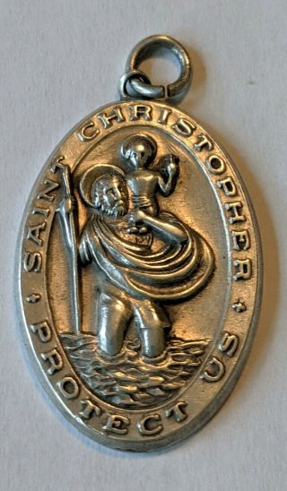Vintage Sterling St.  Christopher Protect Us Religious Medal Pendant