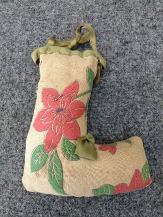 Vintage Antique 5 " Christmas Stocking Form Pin Cushion Silk Hanging Ribbon