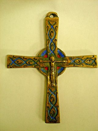 Vintage Enameled Brass Crucifix Cross Pendant Marked Ihs With Maker Logo