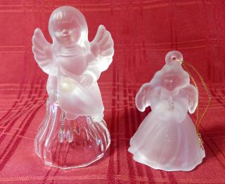 Set/2 Vtg Frosted Glass Christmas Angel Bells Lead Crystal Agc Taiwan Ornament
