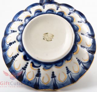 Gzhel Porcelain Caviar or fish server bowl holder plate Hand painted gold plated 7