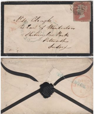 1852 Qv Mourning Cover With A 1d Penny Red Imperf Stamp Sent To Petworth Sussex
