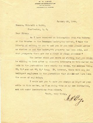 1908 M H Long Attorney Jacksonville Fl Letterhead Letter Signed By Him
