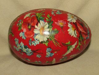 Vintage Germany Red Floral Paper Mache Easter Egg Candy Container 5 " X 3 1/2 "