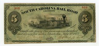 1873 $5 The South Carolina Rail Road Company " Fare Ticket " Note W/ Train