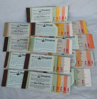 13 Vintage Disneyland Ticket Books,  9 Adult,  1 Junior,  3 Children.  Misc Cond