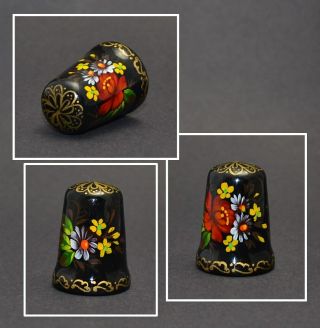 Russian Hand Painted Wood Black Thimble - Flowers