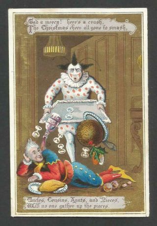 H52 - Clowns Have Accident With Plum Pudding Tray - Victorian Xmas Card