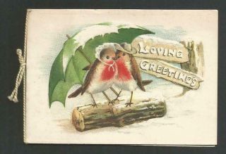 H41 - Cute Anthropomorphic Robin Couple - Vintage Folding Embossed Xmas Card