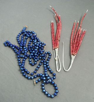 Vintage Christmas Display Beads - Glass - Red Stems & Blue Garland - 1930 