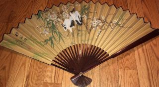 Large Vintage Hand Painted Chinese Wall Decor Fan Bird Calligraphy Stamp