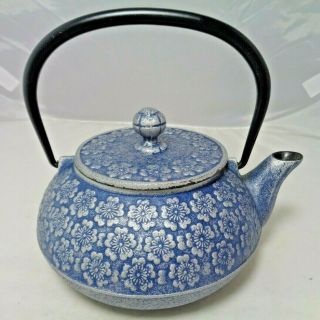 Vtg.  Cast Iron Japanese Made Tea Kettle With Blue Floral Flowers Teapot Heavy