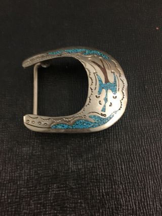 Vintage Native American Belt Buckle Turquoise & Coral Bird Silver Nickel