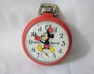 Disney Bradley Red Mickey Mouse Pocket Watch Vintage Mechanical Wind