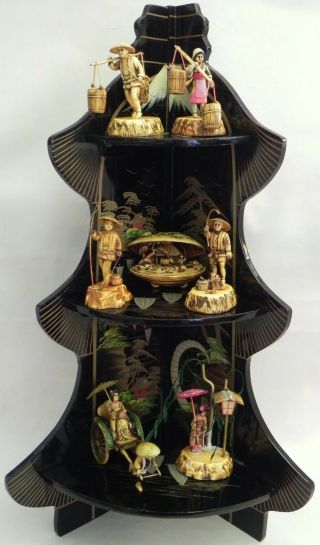 Vintage Japanese 7 Celluloid Figurines Clam Jade Dragon Rickshaw Geisha & Shelf