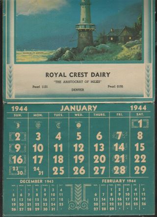 VTG ROYAL CREST DAIRY 1944 CALENDAR - DENVER,  COLO.  - 